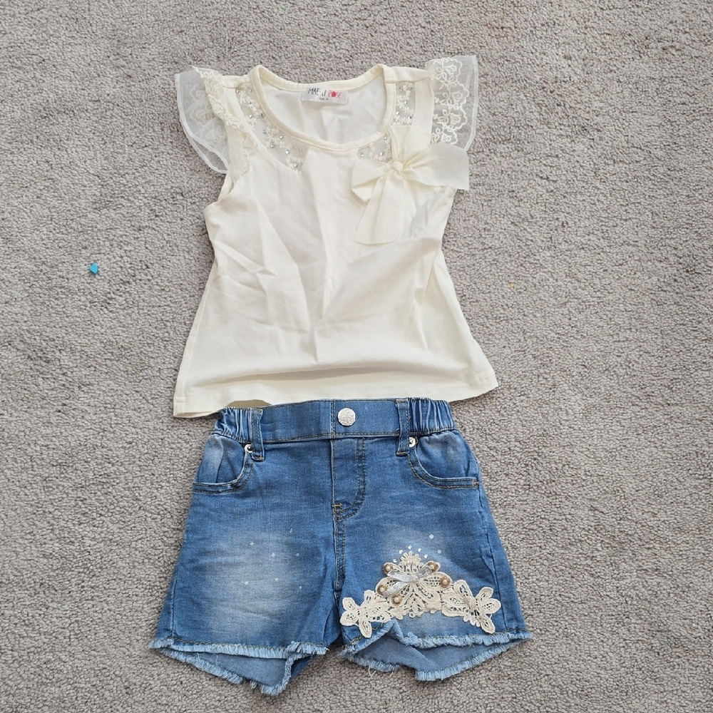 Kids Cream and Blue Lace Trim Matching Set